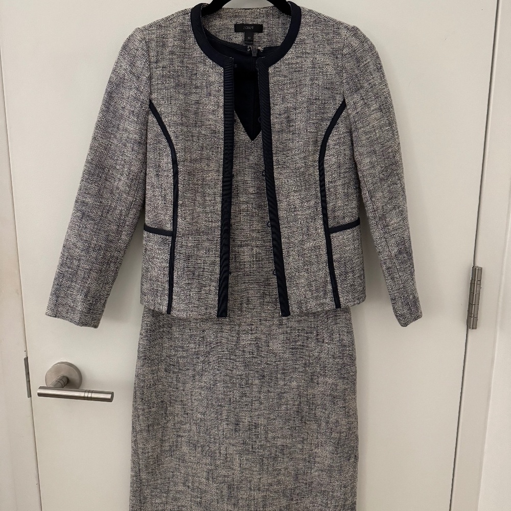 J. Crew navy tweed dress (0) with suit jacket (00)